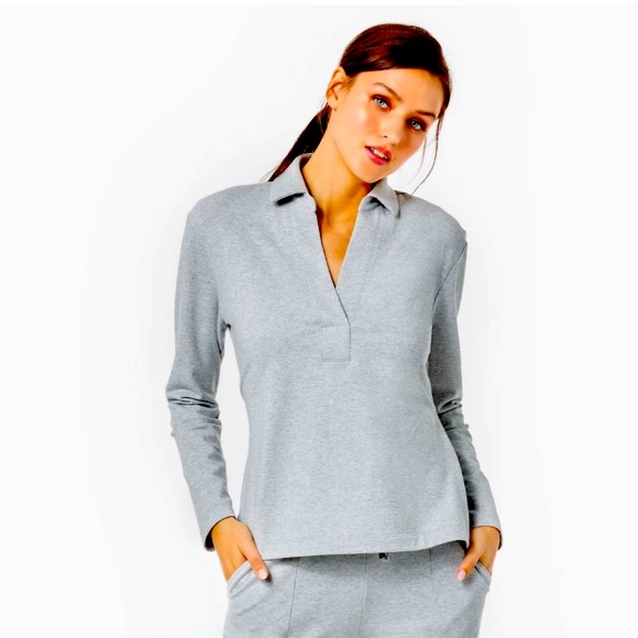 Lilly Pulitzer Emalia Shimmer TerryTop Heathered Seaside Grey Relaxed Fit - Picture 1 of 9